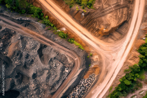 winding dirt road through Rock stockpiled . road in mining. Generative AI photo