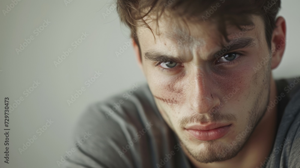 A young man with a bruised cheek and a blank expression trying to hide the pain of being a victim. A young man with a bruised cheek and a blank expression trying to hide the pain of being a victim.