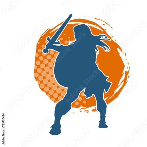 Silhouette of a female warrior in battle armor carrying sword weapon and iron shield.