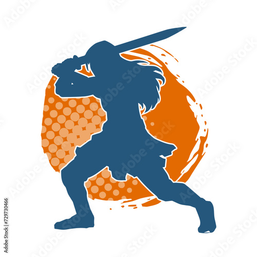 Silhouette of a female fighter in action pose carrying sword weapon.