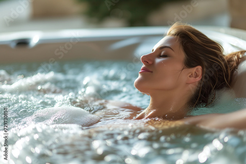 A woman enjoying a jacuzzi at a spa day. personal care and beauty
