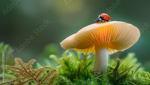 A red ladybug explores the cap of a vibrant orange mushroom surrounded by green ferns in a lush forest setting