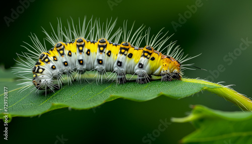 a vibrant yellow, black, and white-spotted caterpillar with long bristles, crawling along the edge of a green leaf © Seasonal Wilderness