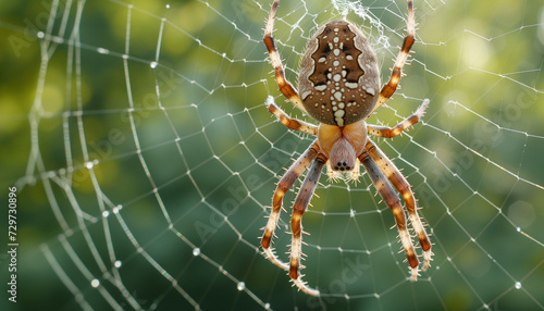 A brown, hairy spider is centered in its intricately woven web, with dewdrops highlighting the delicate silk threads against a soft green background