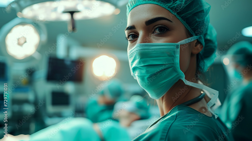 Photo of a female doctor performing surgery in an operating room. Generative AI Photo of a female doctor performing surgery in an operating room. Generative AI