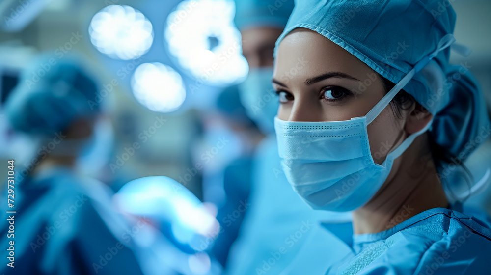 Photo of a female doctor performing surgery in an operating room. Generative AI Photo of a female doctor performing surgery in an operating room. Generative AI