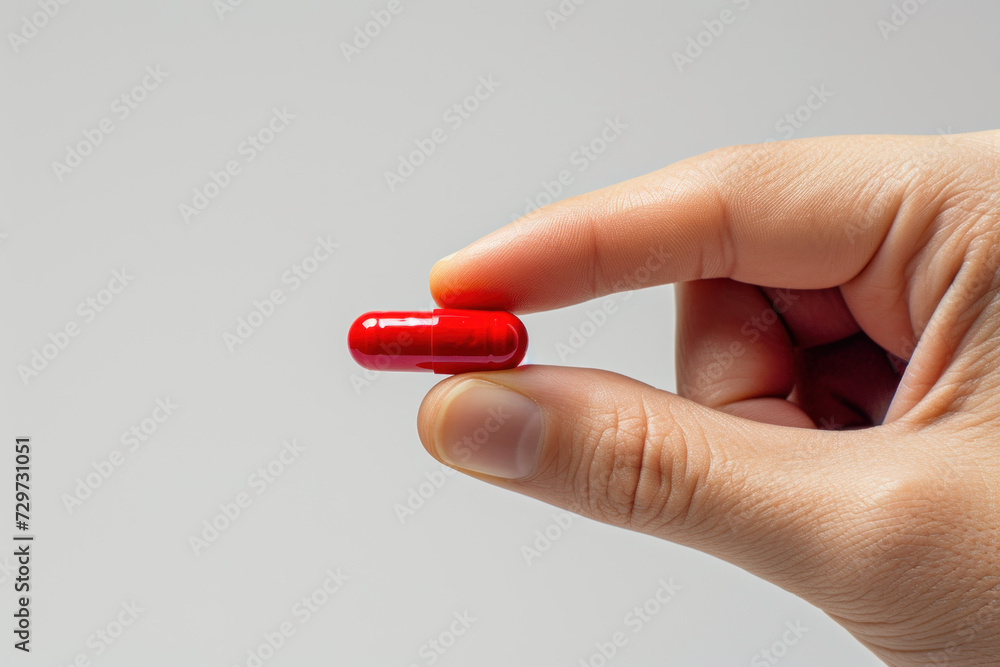 Hand holding red pill, healthcare: medicine, antibiotic, supplement Hand holding red pill, healthcare: medicine, antibiotic, supplement