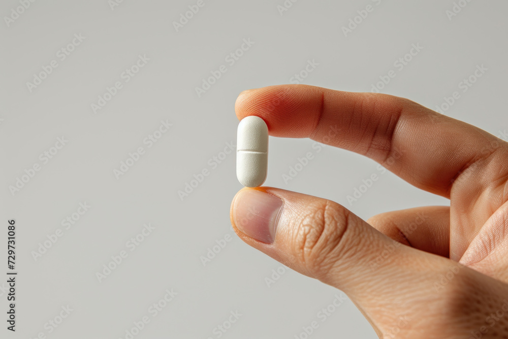 Hand holding white pill, healthcare: medicine, antibiotic, supplement Hand holding white pill, healthcare: medicine, antibiotic, supplement