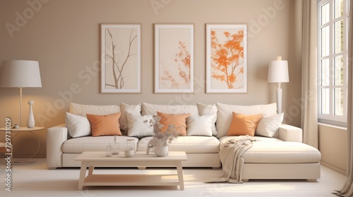 Bright living room interior design with windows and beige walls is furnished with modern sofa, armchares, floor lamp, coffee table and other decorative elements
