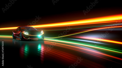 Futuristic car light tail with modern car design with neon light stripes on black background 