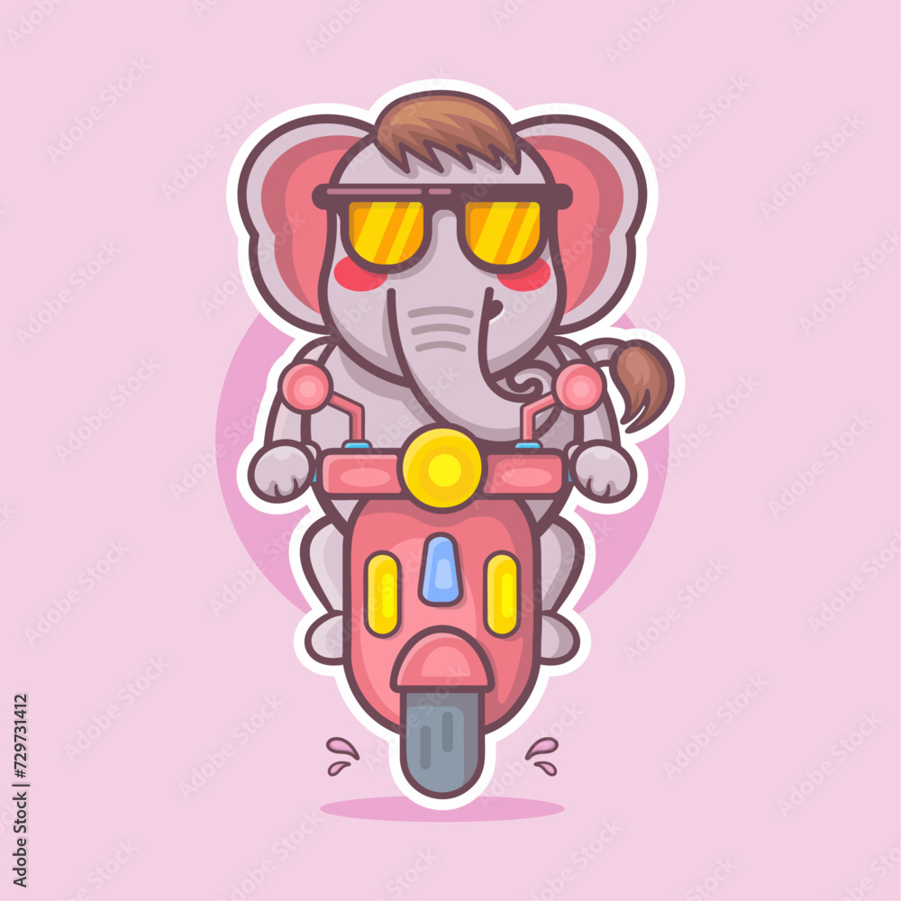 cool elephant animal character mascot riding scooter motorcycle isolated cartoon 