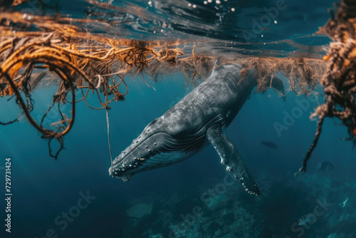 a whale caught in a fishing net highlights the problem of marine life affected by human waste photo