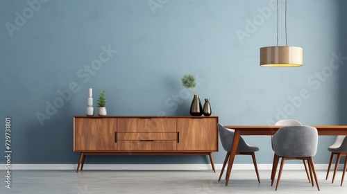 Interior design of modern dining room or living room, marble table and chairs. Wooden sideboard over blue wall. Home interior with pendant light. 3d rendering