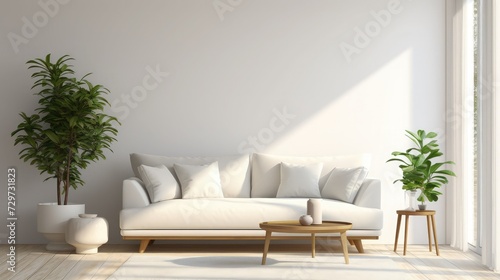 Home living room interior with white sofa and coffee table with decor, sunlight on white wall, 3d render © kashif 2158