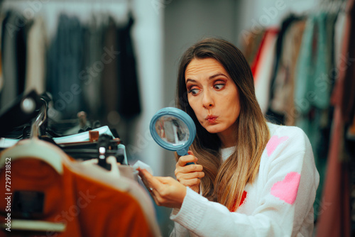 Canvastavla Woman Checking Price Tag with a Magnifier
