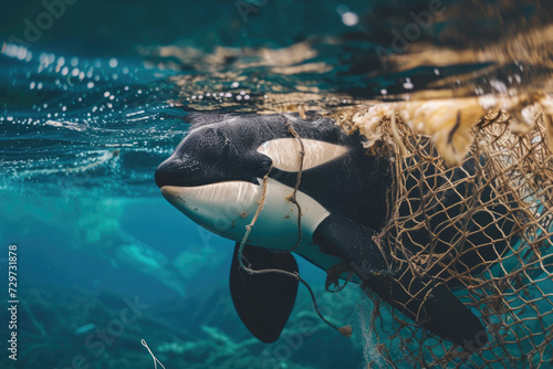 An orca caught in a fishing net highlights the problem of marine life affected by human waste photo