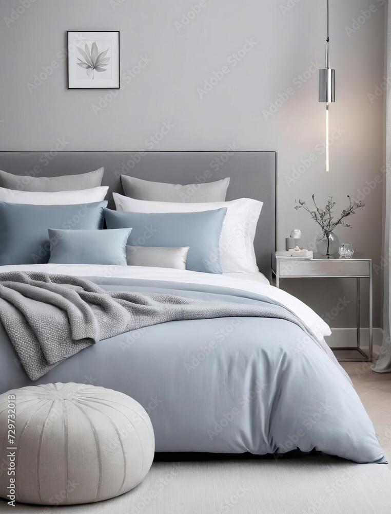 Obraz premium Minimalistic Bedroom Interior with Neutral Palette and Ethereal Lighting Gen AI