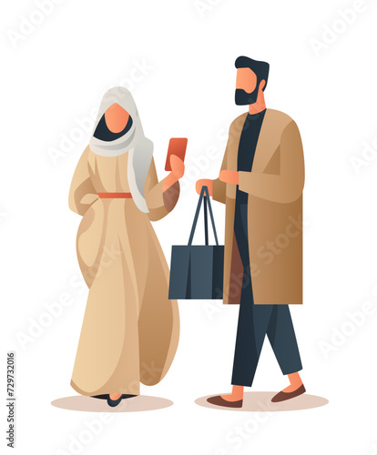 arab man woman couple in traditional clothes holding shopping bags season big sale special offer promotion discount
