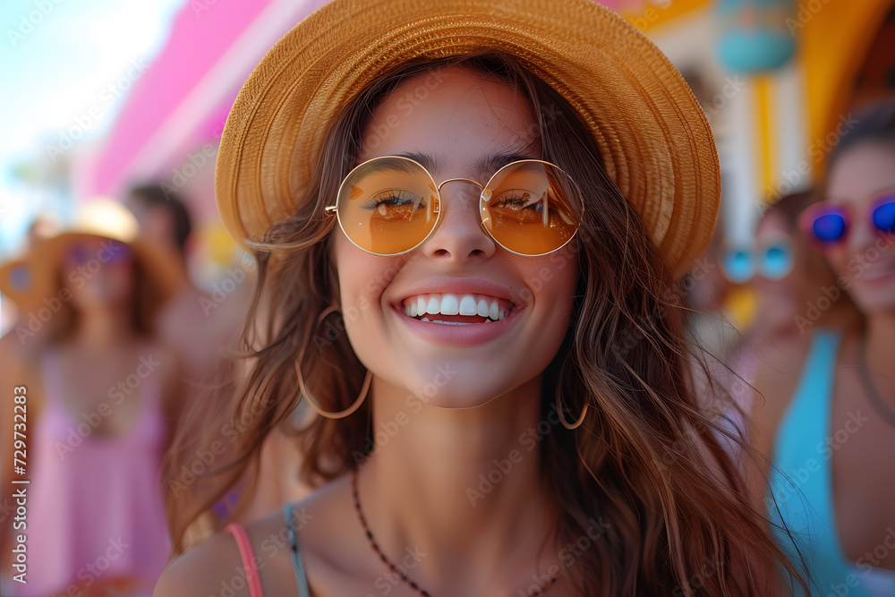 Close up portrait of a happy young woman in sunglasses on the background of the rainbow.Celebration of Colors and Unity Close up portrait of a happy young woman in sunglasses on the background of the rainbow.Celebration of Colors and Unity