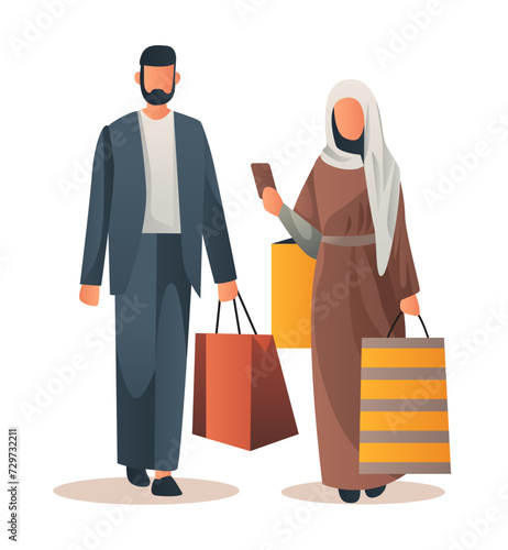 arab man woman couple in traditional clothes holding shopping bags season big sale special offer promotion discount