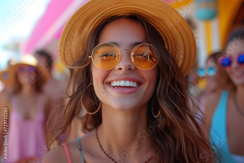 Close up portrait of a happy young woman in sunglasses on the background of the rainbow.Celebration of Colors and Unity