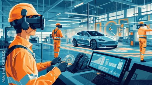 Workers wearing virtual reality headsets and operating simulation software testing and optimizing autonomous vehicle operations in a controlled environment. photo