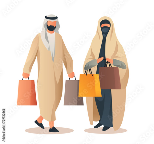 arab man woman couple in traditional clothes holding shopping bags season big sale special offer promotion discount