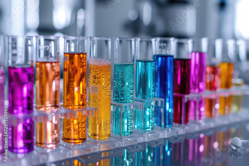 Chemical test tubes filled with a variety of colorful liquids on laboratory background