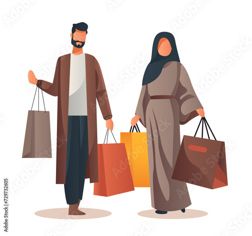 arab man woman couple in traditional clothes holding shopping bags season big sale special offer promotion discount
