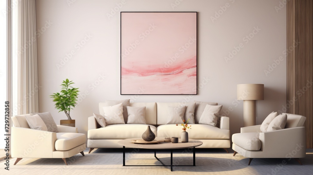 Modern interior design of apartment, living room with beige sofa, marble coffee tables. Empty poster on the wall. 3d rendering Modern interior design of apartment, living room with beige sofa, marble coffee tables. Empty poster on the wall. 3d rendering