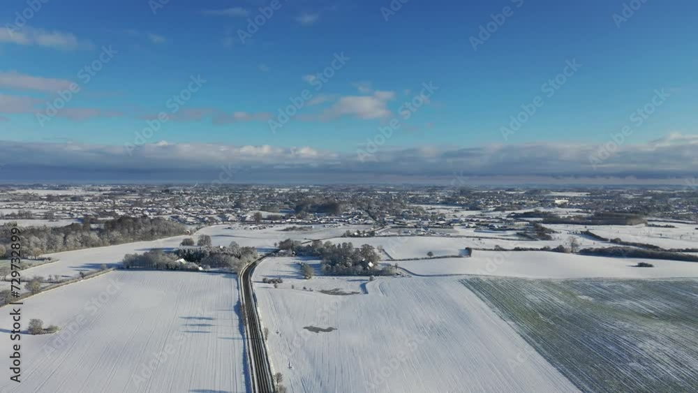 Drone video of snow covered landscape in Denmark Drone video of snow covered landscape in Denmark