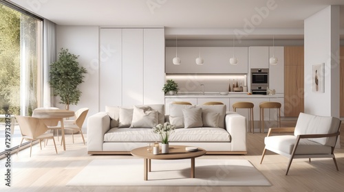 Modern Living room interior design, white kitchen, neutral color scheme. 3D concept rendering