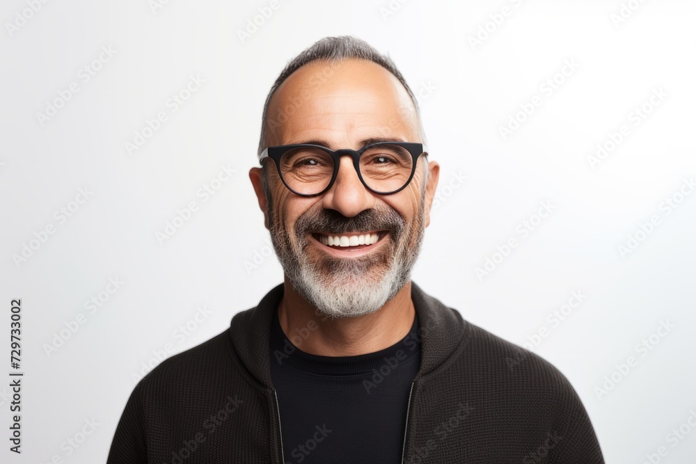 Portrait of a happy middle-aged man in glasses and a black sweatshirt. Portrait of a happy middle-aged man in glasses and a black sweatshirt.