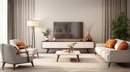 Modern Living Room Interior With Television Set, Sofa, Armchair, Floor Lamp And Coffee Table