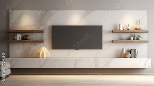 Modern marble TV wall with bookshelf. Home interior design. 3D Rendering  3D Illustration