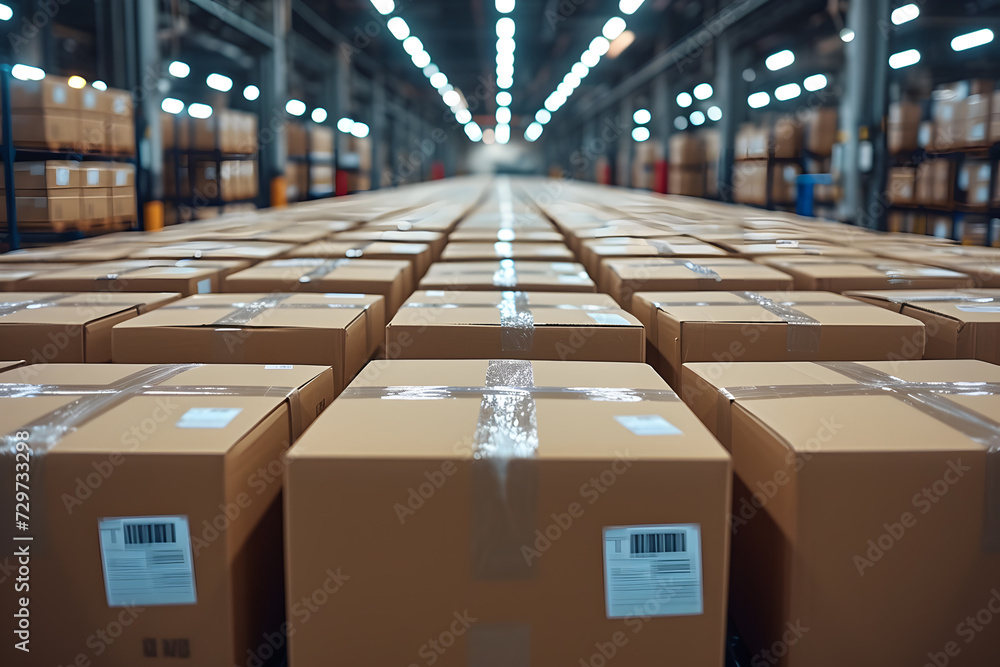 Efficient Package Handling in a Modern Warehouse,Cargo pallets on the conveyor belt in a warehouse.