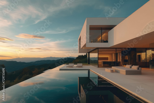 Exterior of modern minimalist cubic villa with swimming pool at sunset #729733695