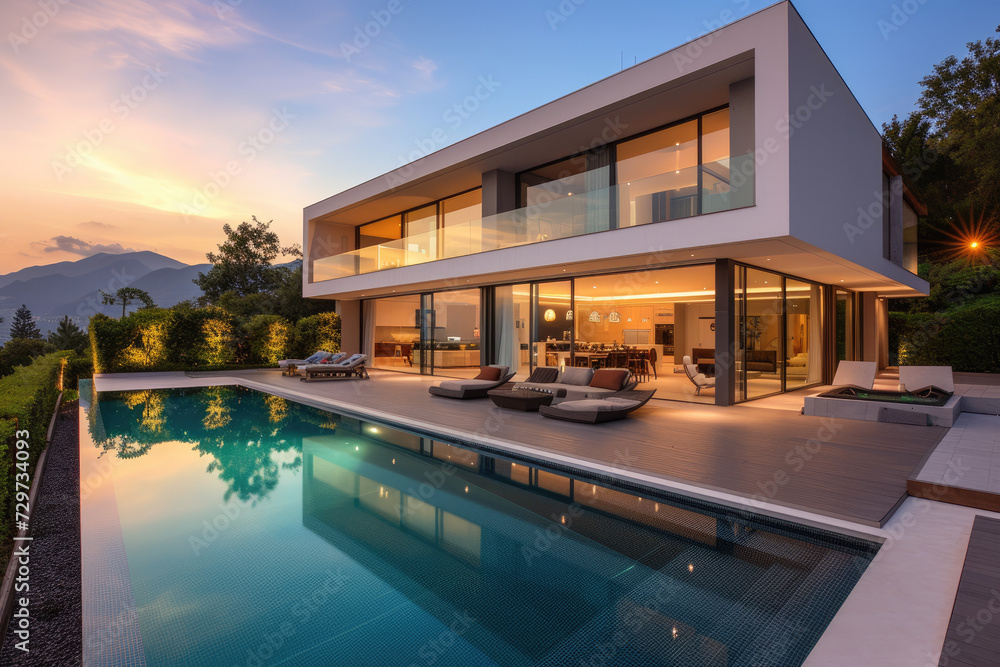 Exterior of modern minimalist cubic villa with swimming pool at sunset - obrazy, fototapety, plakaty 