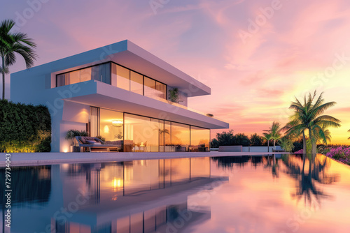 Exterior of modern minimalist cubic villa with swimming pool at sunset © Kien