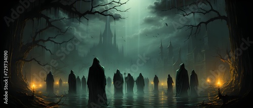 several spectral creatures in black robes in a foggy forest photo