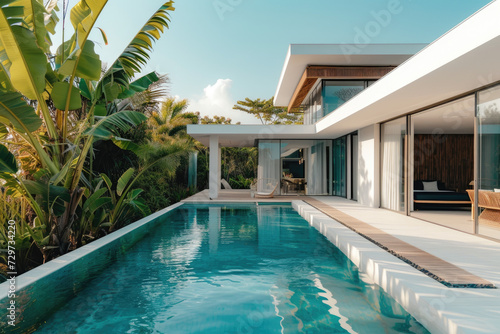 Exterior of modern minimalist cubic villa with swimming pool with tropical plants © Kien