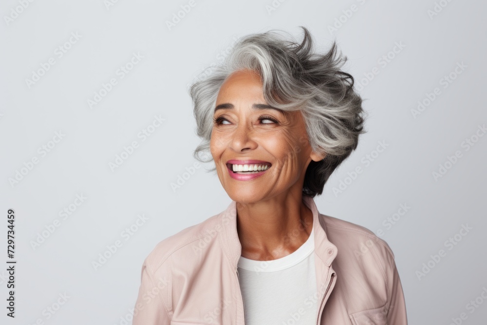 Portrait of a happy senior woman looking up and smiling against grey background Portrait of a happy senior woman looking up and smiling against grey background