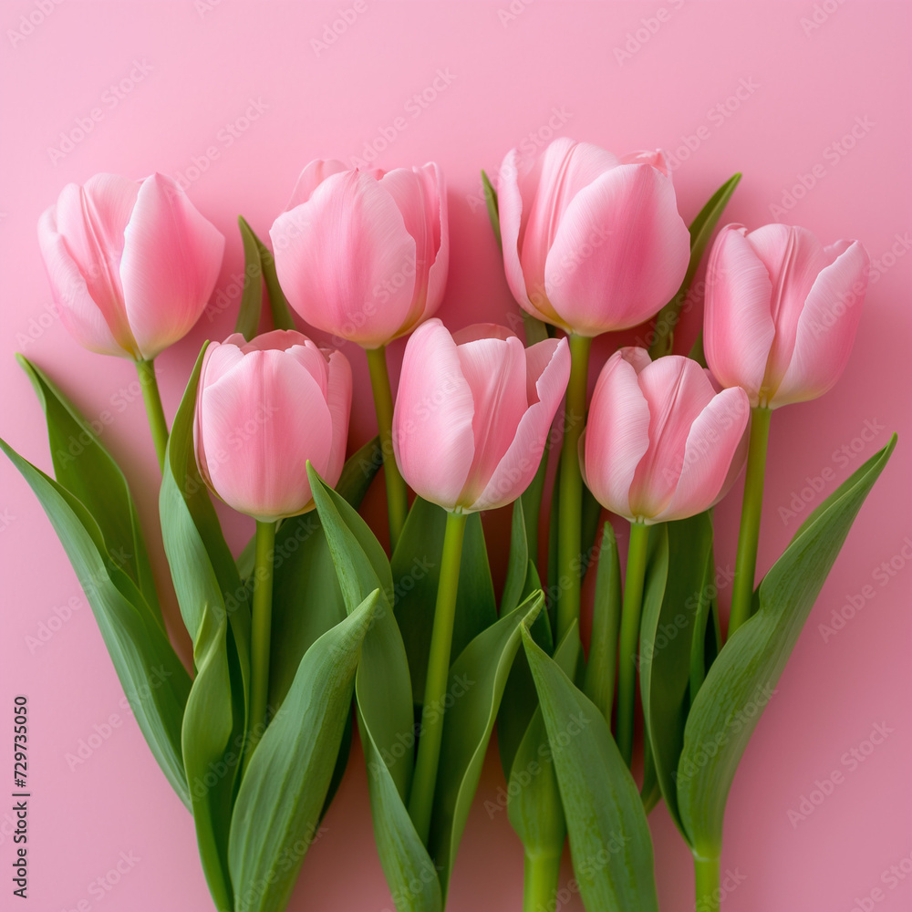 composition spring flowers. Bouquet of pink tulips flowers on pastel pink background. Valentine's Day,