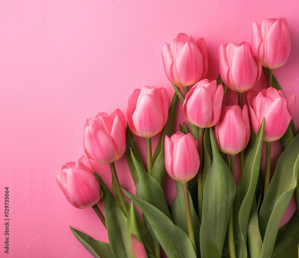 composition spring flowers. Bouquet of pink tulips flowers on pastel pink background. Valentine's Day, composition spring flowers. Bouquet of pink tulips flowers on pastel pink background. Valentine's Day,