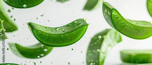 Aloe vera slices with water drops on white background, banner. AI generated