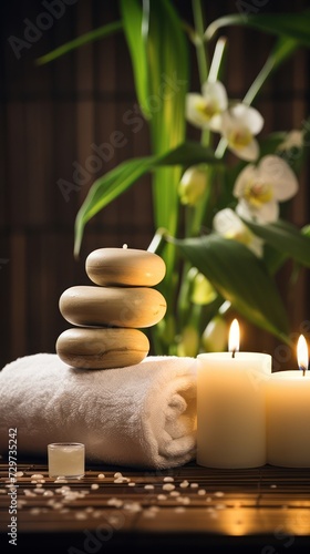 A Spa and health care services Decorated with candles, spa stones and salt on a wooden background. White towels with bamboo sticks and candles for relaxing spa massages and body treatments.
