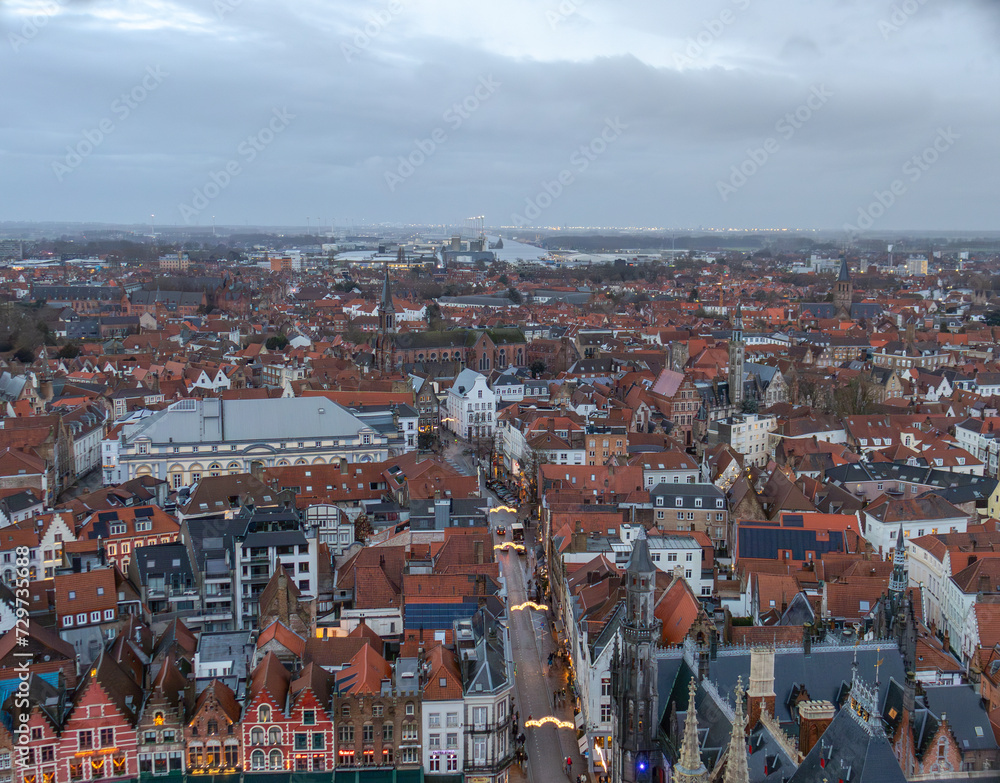 Beautiful aerial city skyline of the village building architecture in Bruges Flanders Belgium on a cloudy day