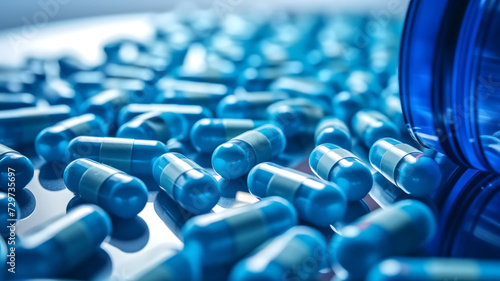 Pills in blue capsules on a blue background. 3d rendering