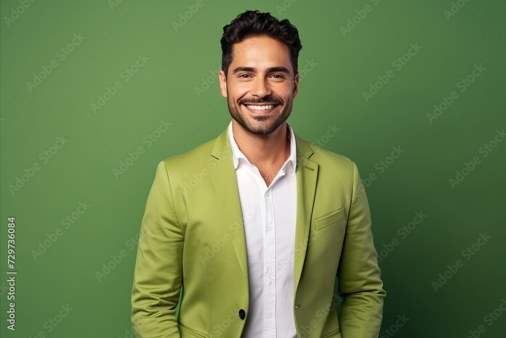 Handsome young man in green suit smiling at camera while standing against green background Handsome young man in green suit smiling at camera while standing against green background