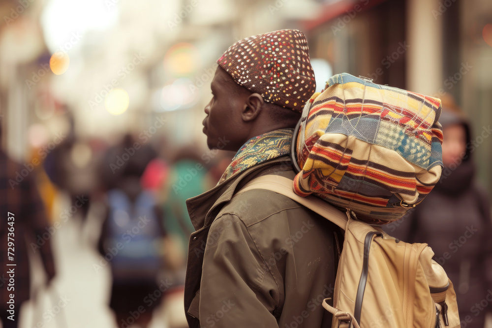 portrait of ethnic man loaded with luggage surrounded by people going for a journey or migration